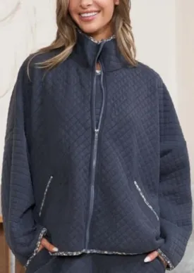 Navy Quilted Jacket with Floral Detail - Clearance Final Sale