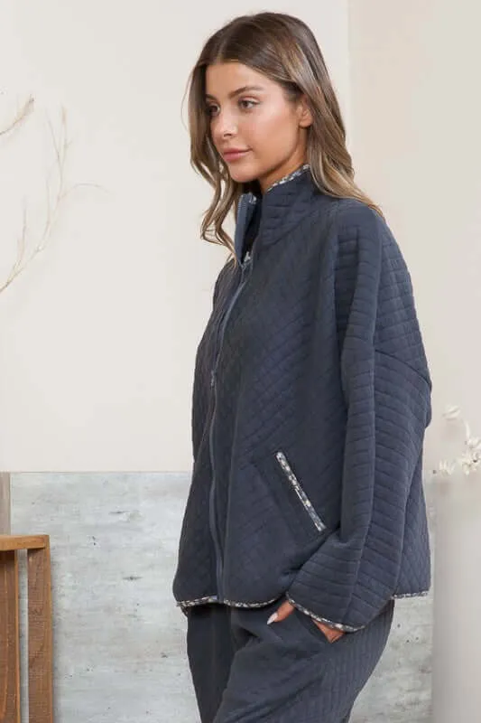 Navy Quilted Jacket with Floral Detail - Clearance Final Sale