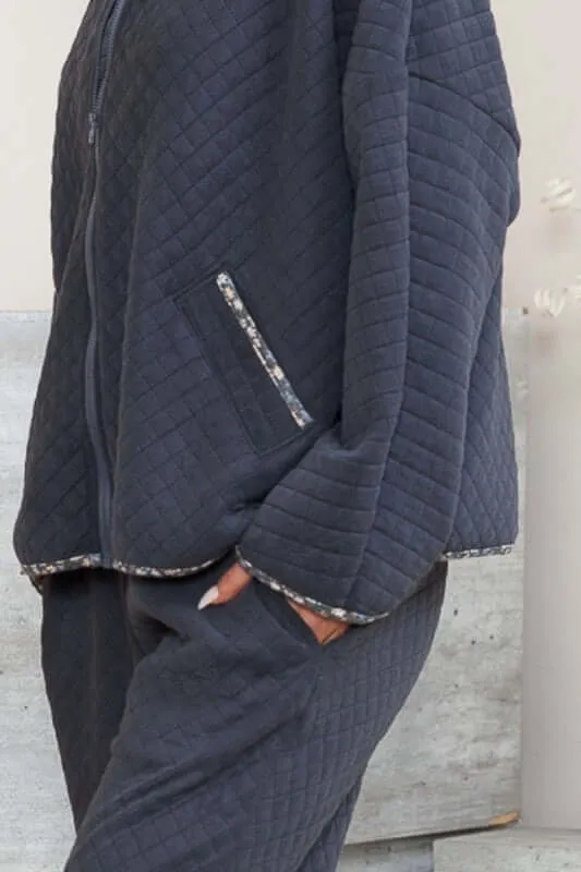 Navy Quilted Jacket with Floral Detail - Clearance Final Sale