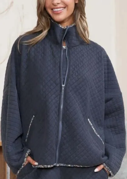 Navy Quilted Jacket with Floral Detail - Clearance Final Sale