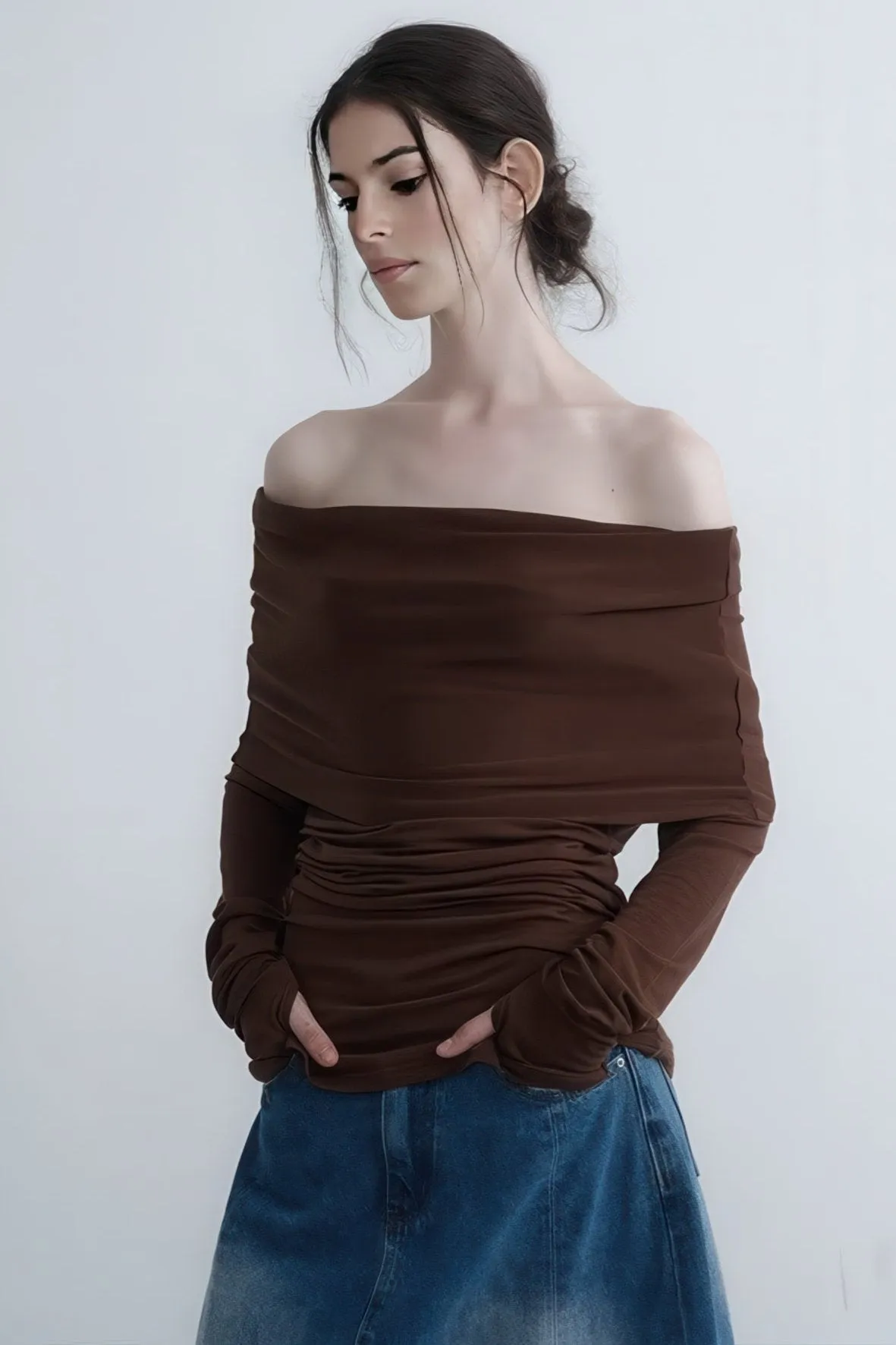 Off-Shoulder Knit Long Sleeve Top