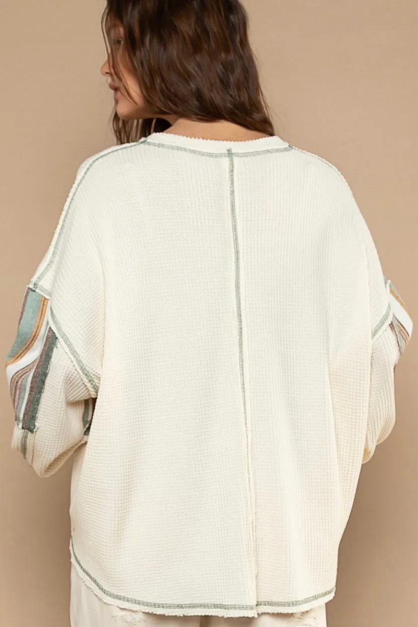 One Night Striped Sleeve V Neck Slouchy Thermal Knit Top (2 Colors)