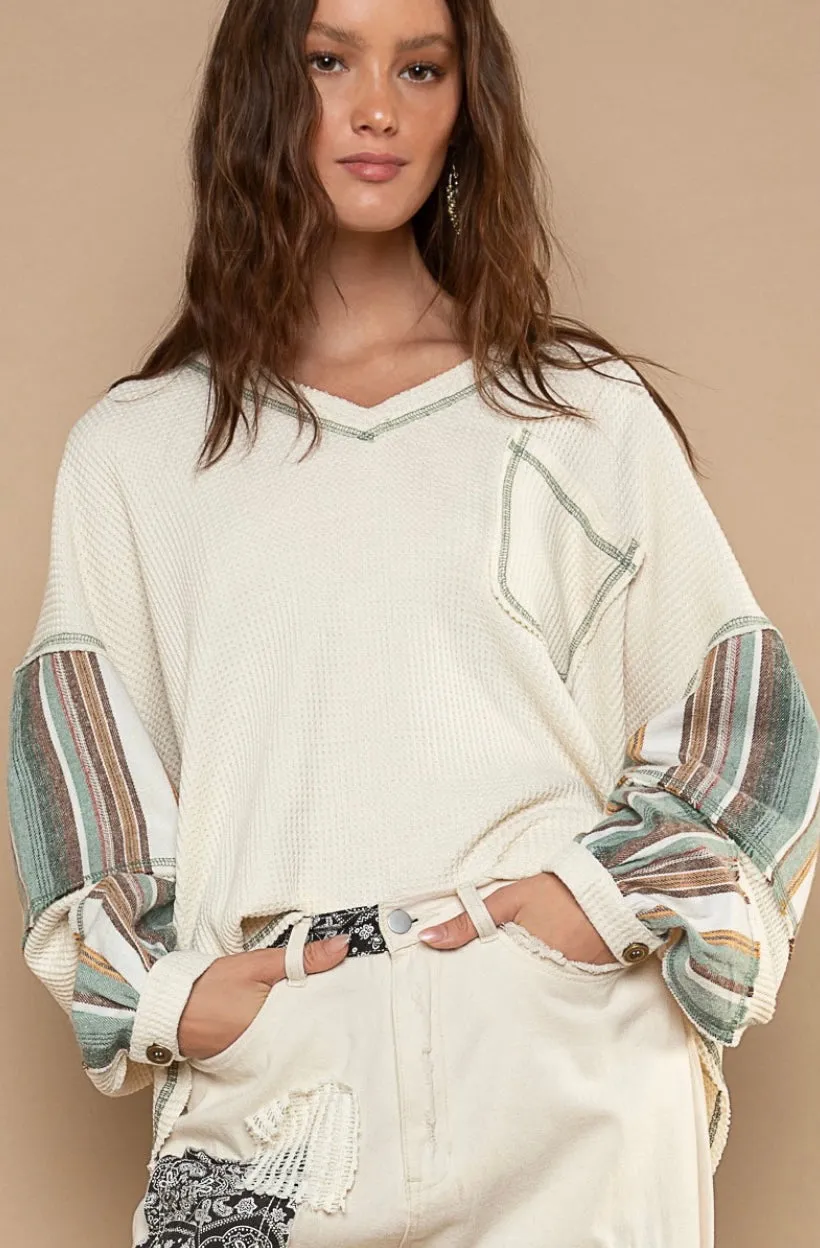 One Night Striped Sleeve V Neck Slouchy Thermal Knit Top (2 Colors)