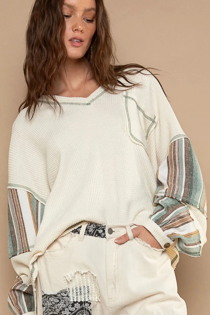 One Night Striped Sleeve V Neck Slouchy Thermal Knit Top (2 Colors)