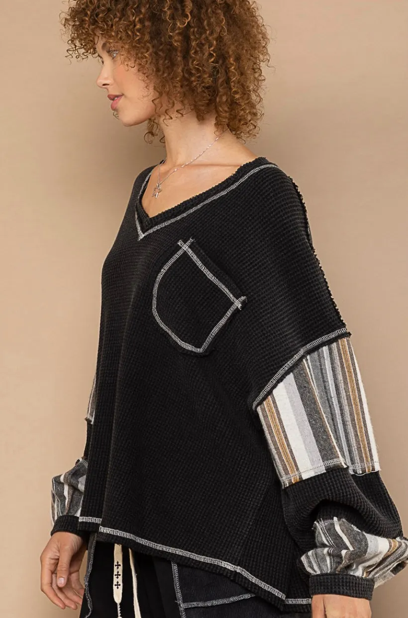 One Night Striped Sleeve V Neck Slouchy Thermal Knit Top (2 Colors)