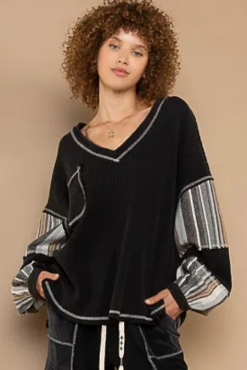 One Night Striped Sleeve V Neck Slouchy Thermal Knit Top (2 Colors)