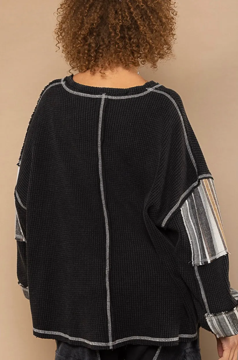 One Night Striped Sleeve V Neck Slouchy Thermal Knit Top (2 Colors)