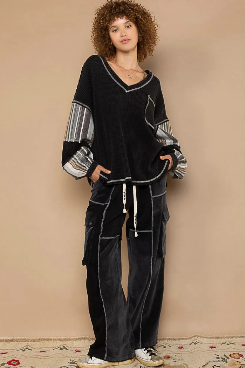 One Night Striped Sleeve V Neck Slouchy Thermal Knit Top (2 Colors)