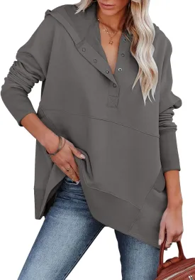 onlypuff Womens Oversized Hoodies and Sweatshirt V Neck Button up Loose Fit Henley Shirt 2022 Fall Fashion