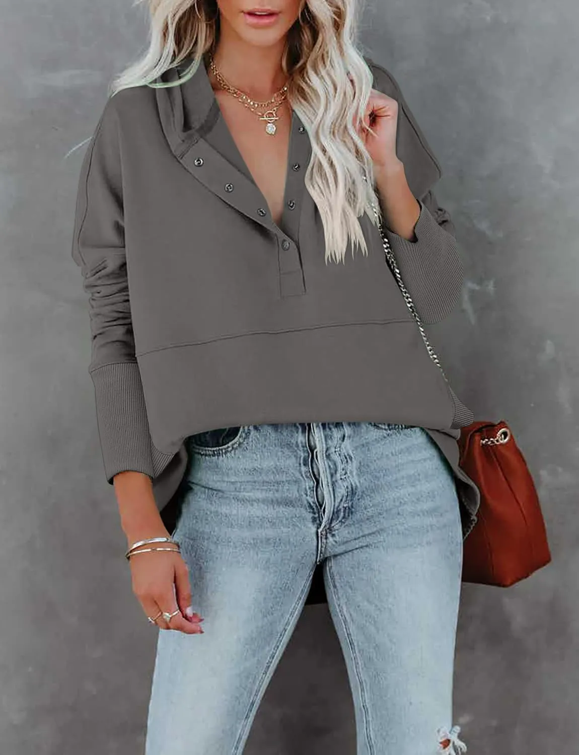 onlypuff Womens Oversized Hoodies and Sweatshirt V Neck Button up Loose Fit Henley Shirt 2022 Fall Fashion