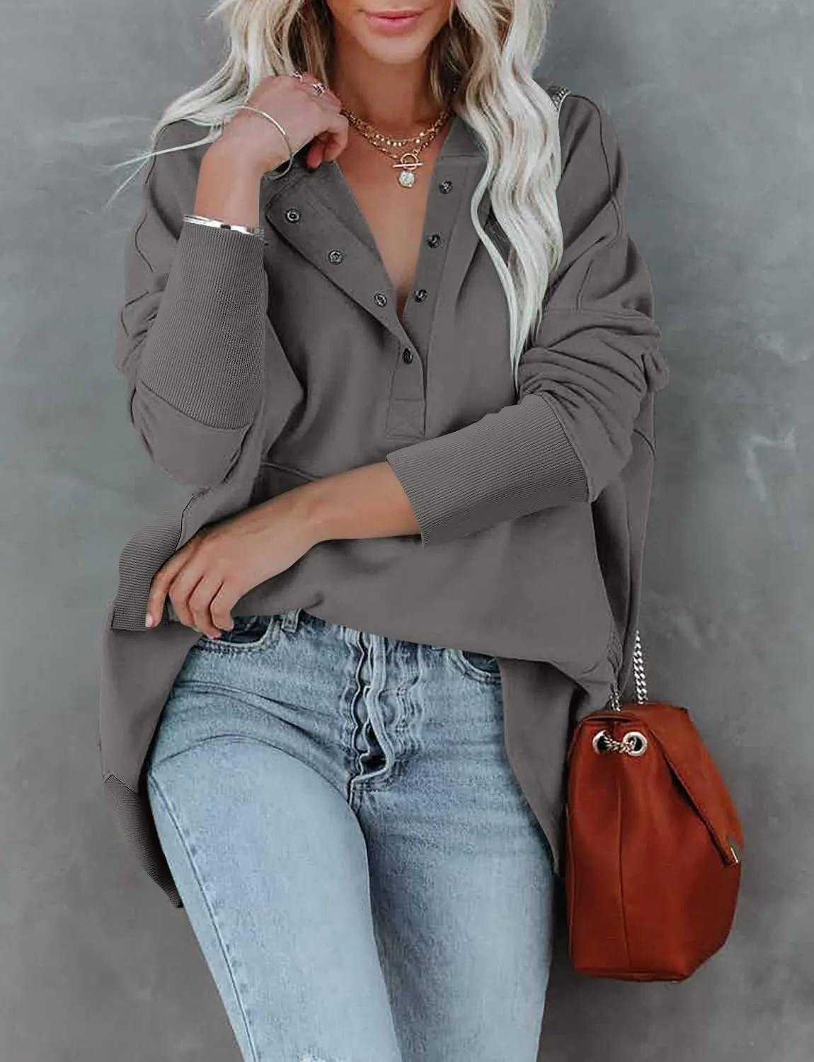 onlypuff Womens Oversized Hoodies and Sweatshirt V Neck Button up Loose Fit Henley Shirt 2022 Fall Fashion