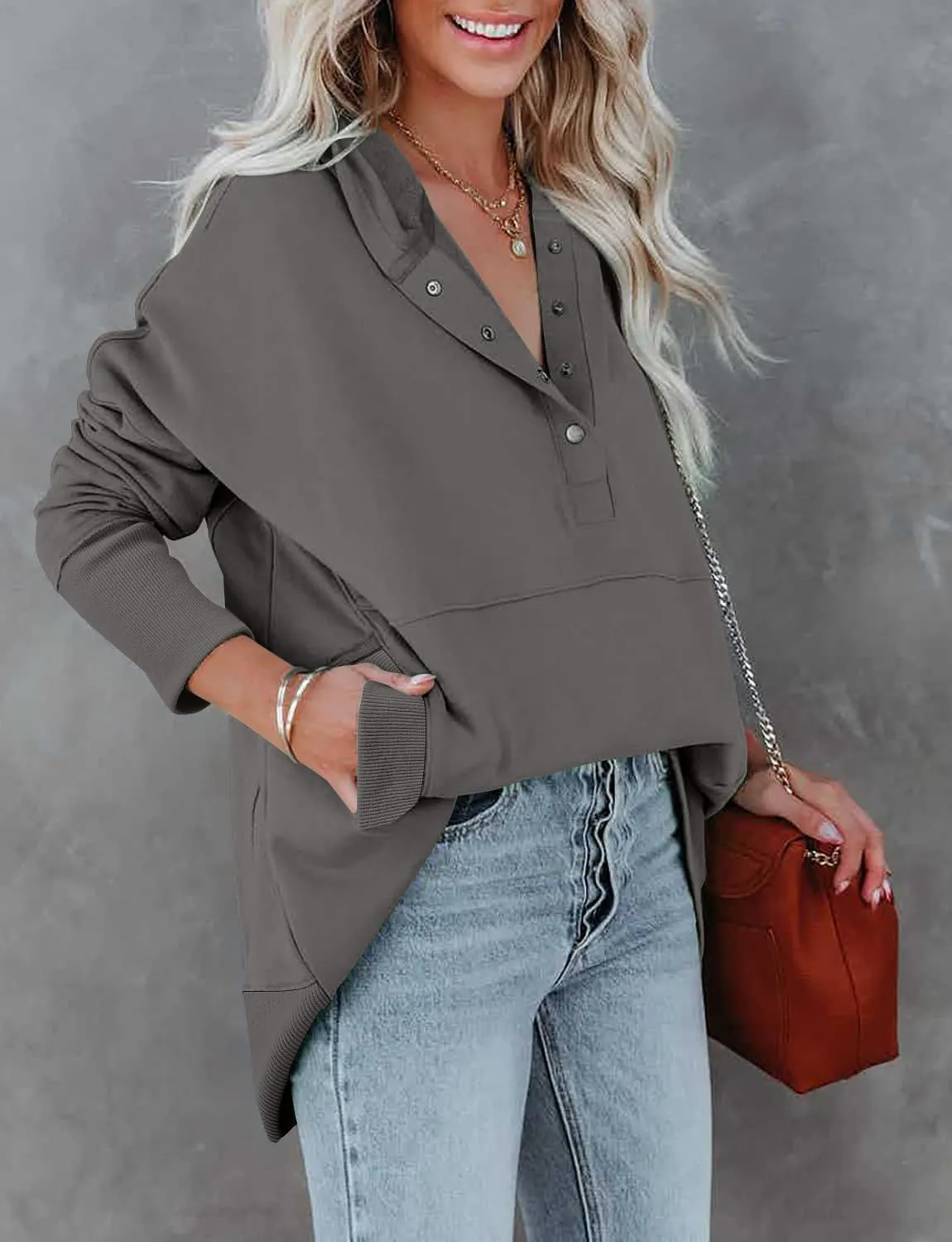 onlypuff Womens Oversized Hoodies and Sweatshirt V Neck Button up Loose Fit Henley Shirt 2022 Fall Fashion