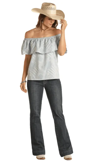 Panhandle Women's Sky Blue Handkerchief Off Shoulder Top WLWT51R1CZ