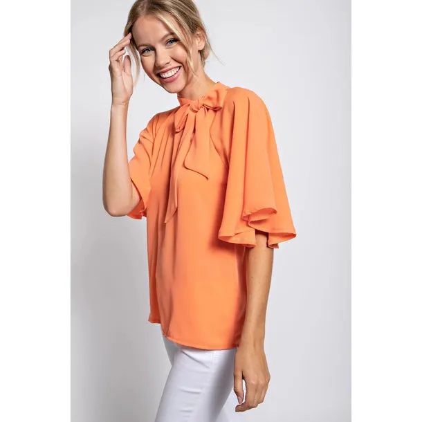 Peach Side Bow Tie Neck Blouse