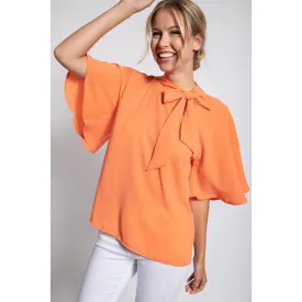 Peach Side Bow Tie Neck Blouse