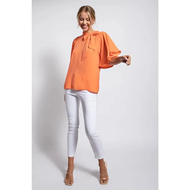 Peach Side Bow Tie Neck Blouse