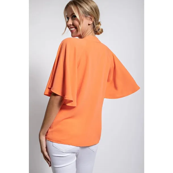 Peach Side Bow Tie Neck Blouse