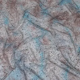 Pearl grey Premium pure French (Fransawi) silk chiffon fabric with pale brown, baby blue tie & die print having black flock and baby blue glitter in abstract design-D14070