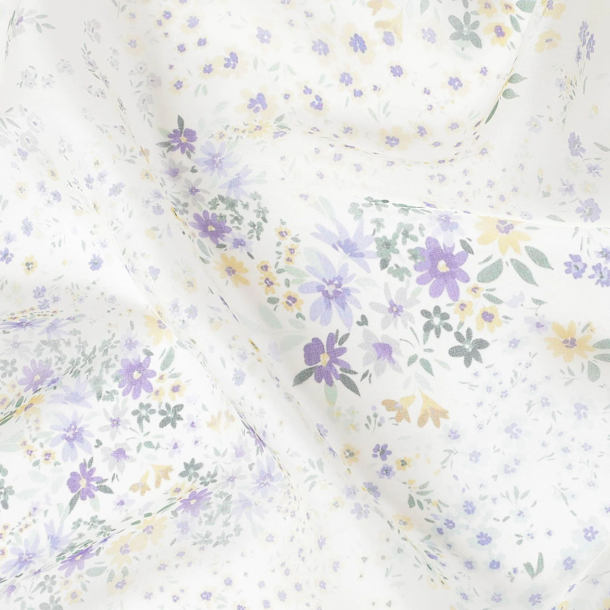 Pearl white silk chiffon fabric with green, purple & yellow digital prints in floral design - D9845