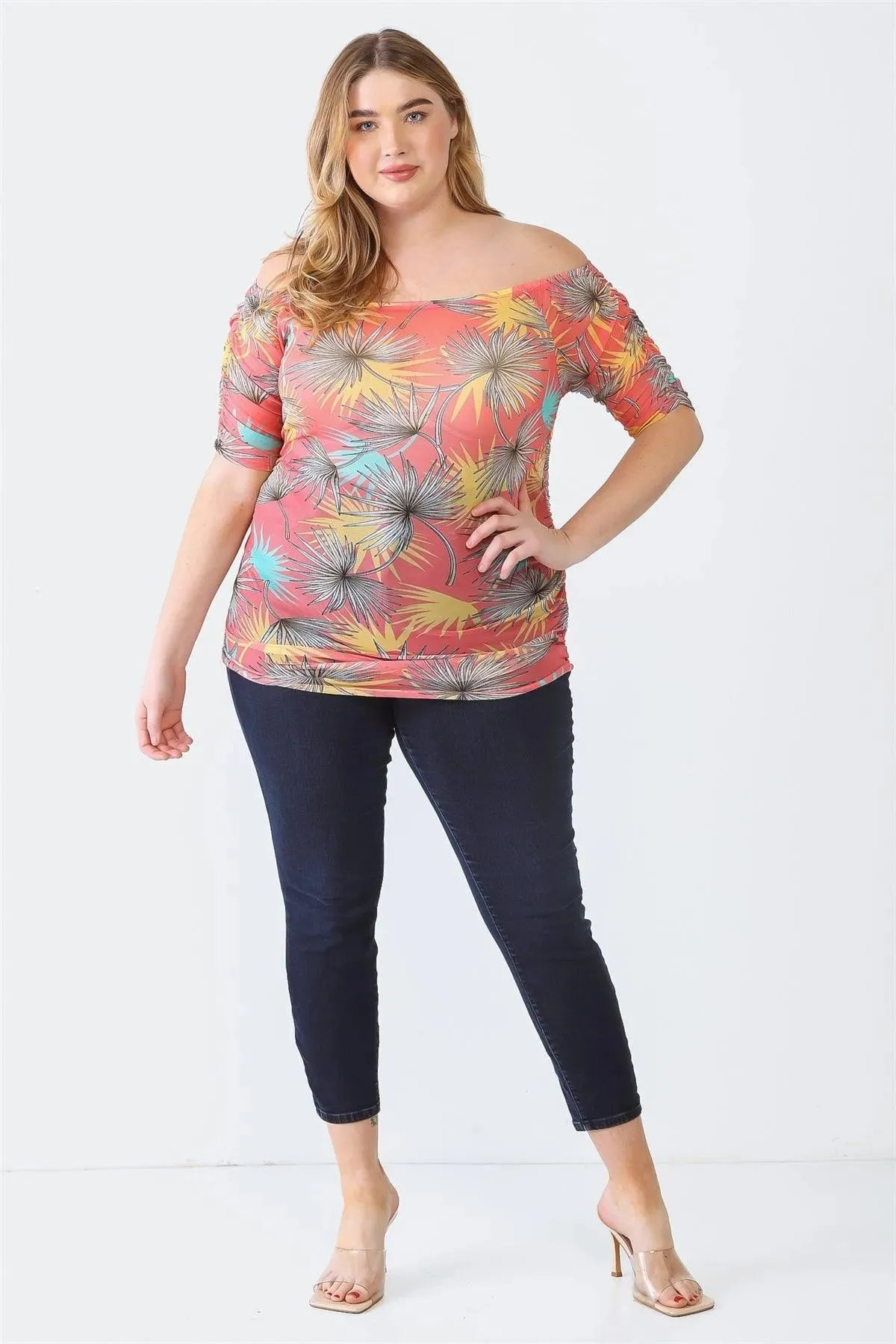 Plus Size Palm Leaves Sheer Ruched Off-The-Shoulder Top
