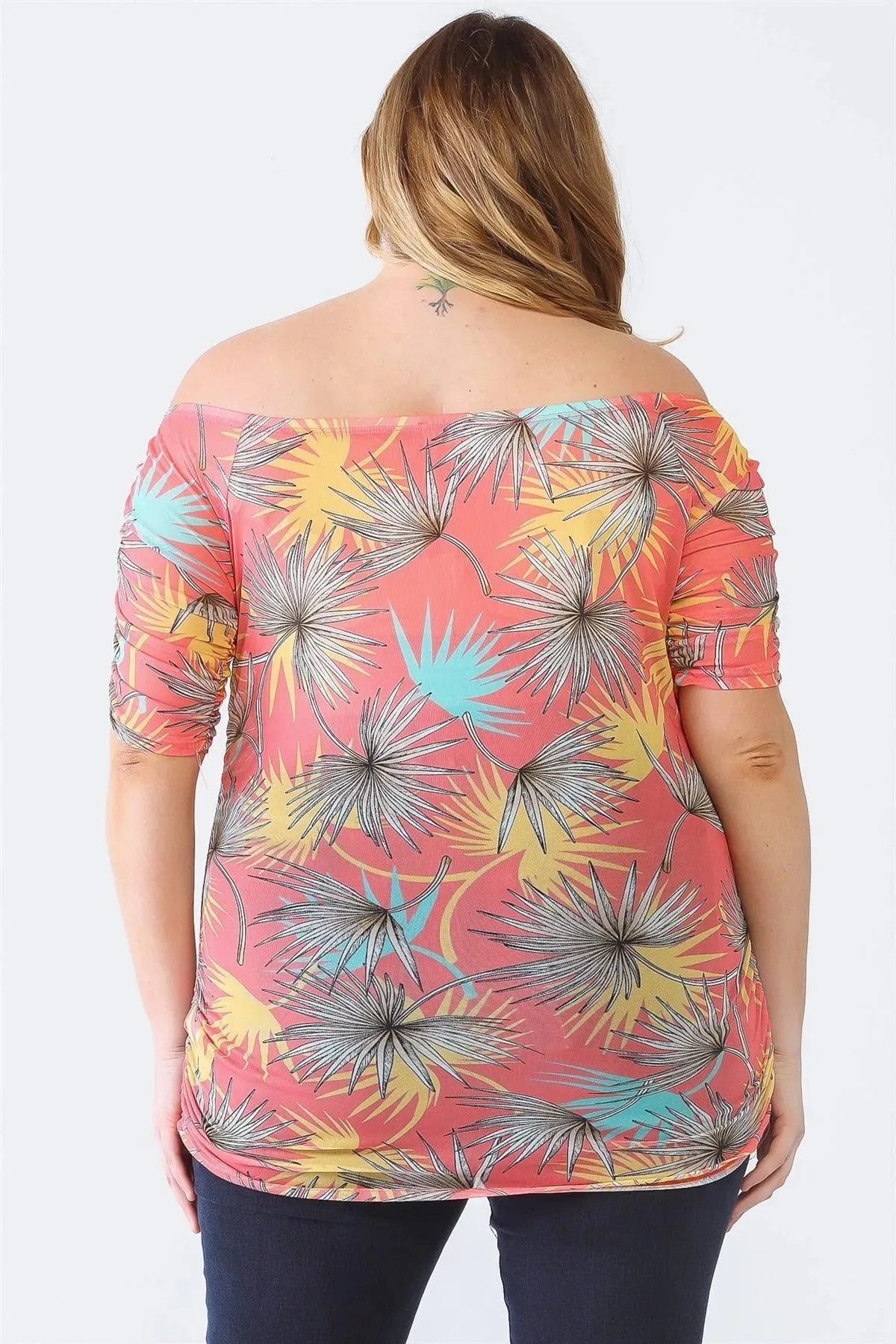 Plus Size Palm Leaves Sheer Ruched Off-The-Shoulder Top