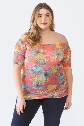 Plus Size Palm Leaves Sheer Ruched Off-The-Shoulder Top