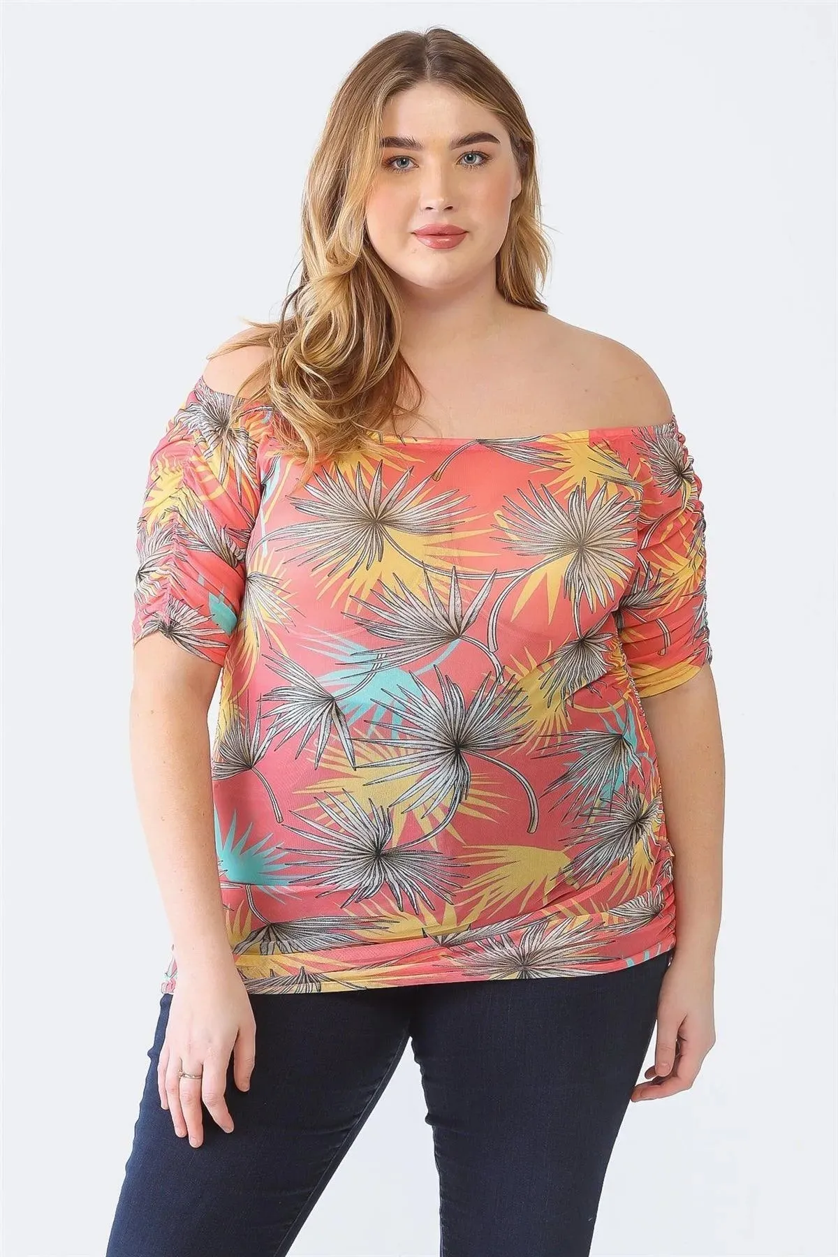 Plus Size Palm Leaves Sheer Ruched Off-The-Shoulder Top