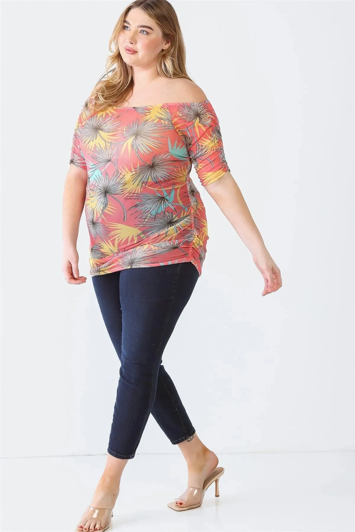 Plus Size Palm Leaves Sheer Ruched Off-The-Shoulder Top