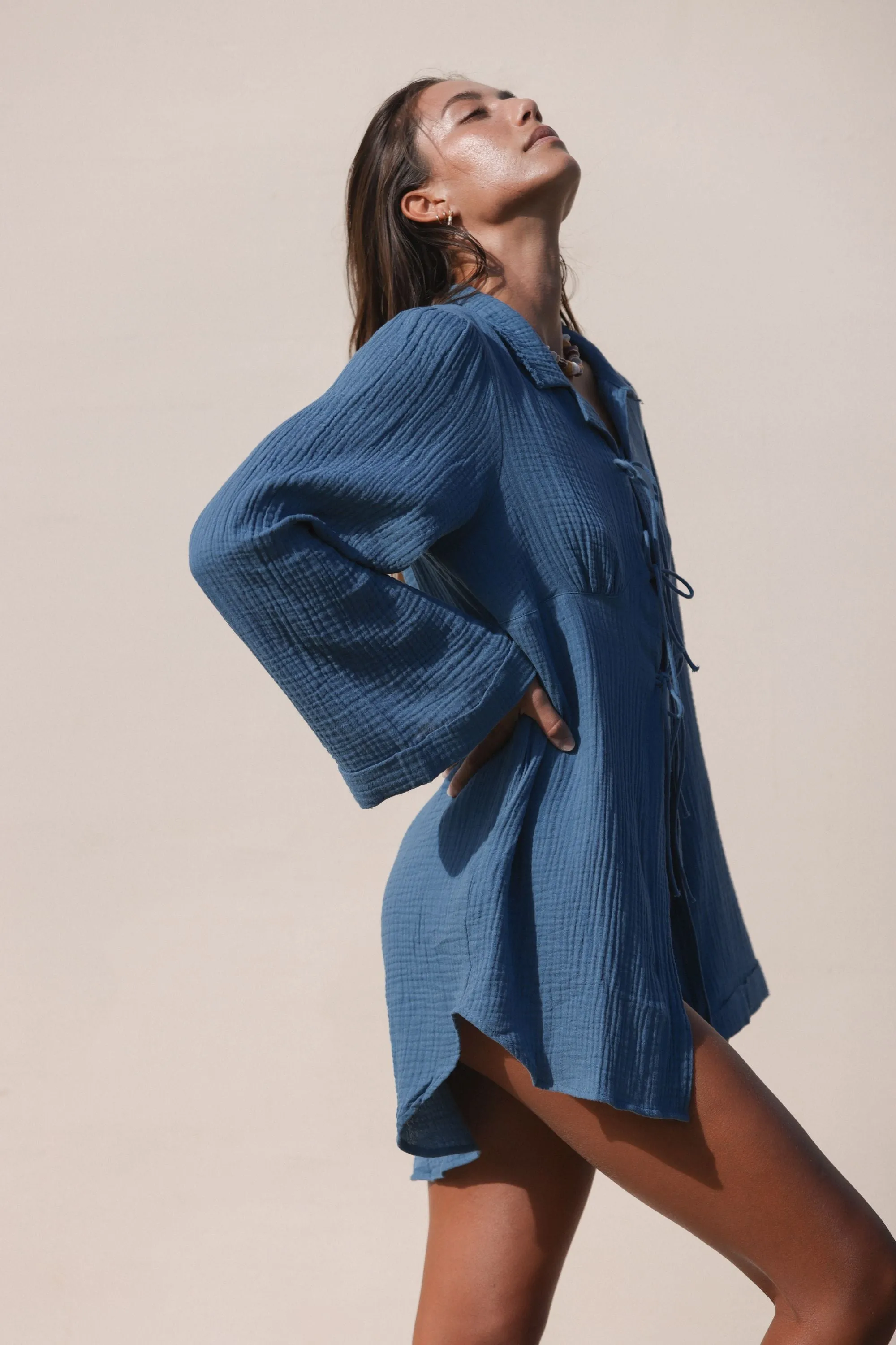 Poema Lagoon Collared Tie Blouse