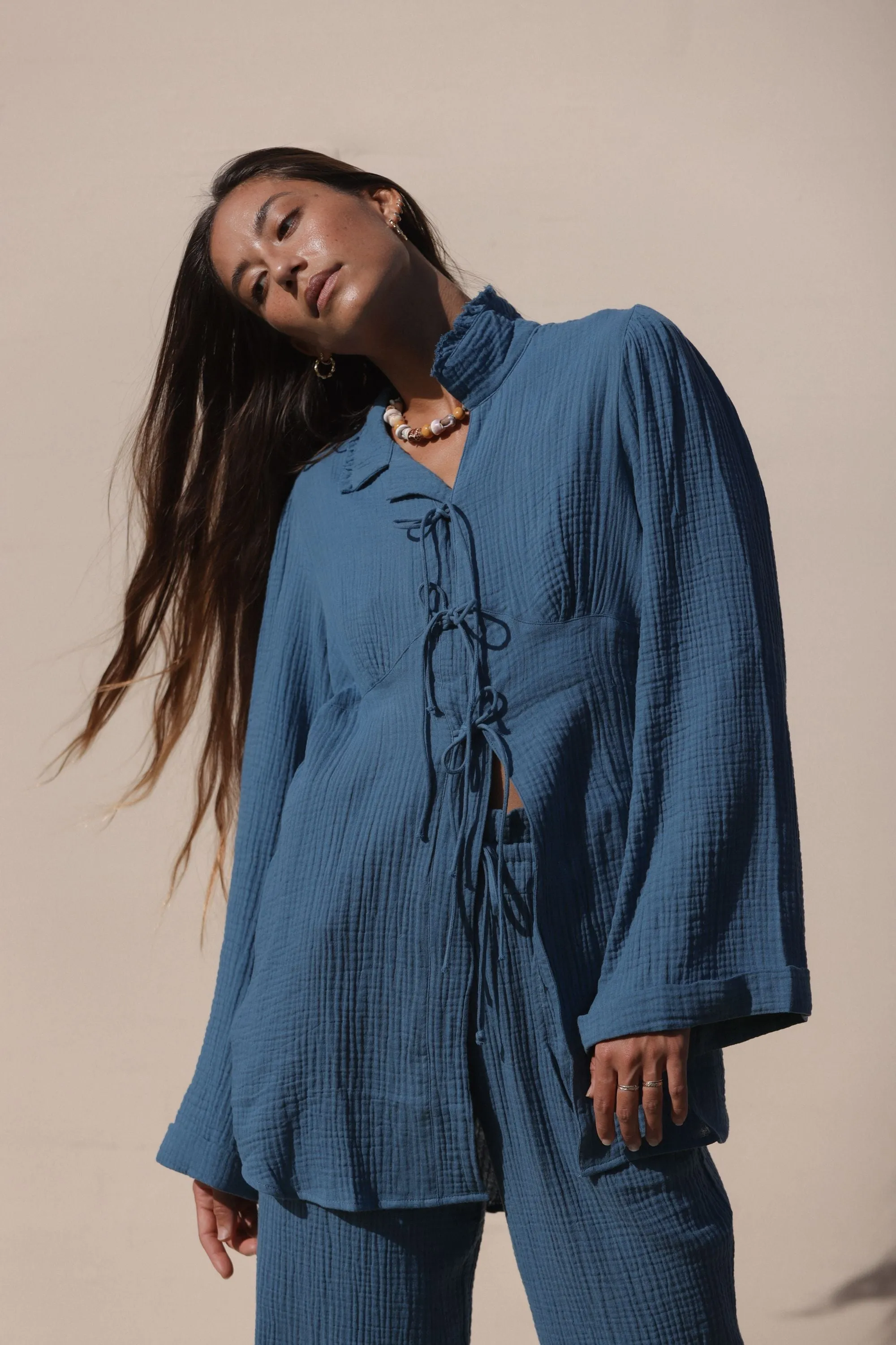 Poema Lagoon Collared Tie Blouse