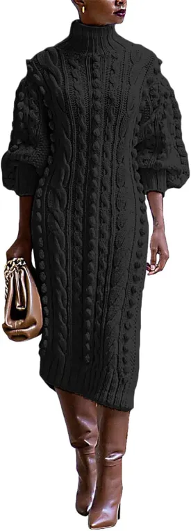 SHINFY Women's Pullover Sweater Dress Fall Winter Turtleneck Ribbed Knit Chunky Crochet Midi Dress with Slit
