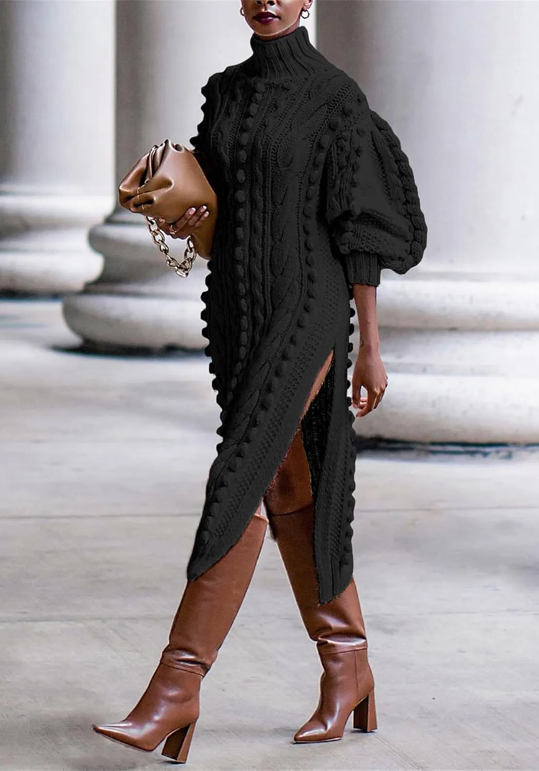 SHINFY Women's Pullover Sweater Dress Fall Winter Turtleneck Ribbed Knit Chunky Crochet Midi Dress with Slit