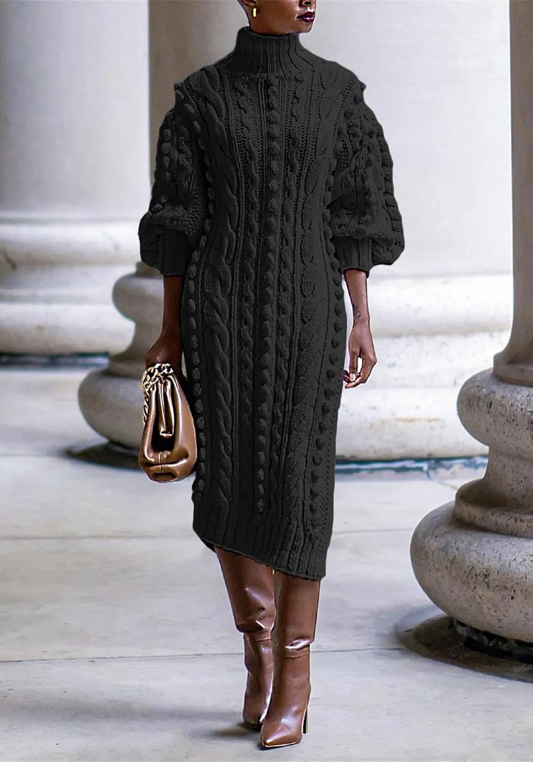 SHINFY Women's Pullover Sweater Dress Fall Winter Turtleneck Ribbed Knit Chunky Crochet Midi Dress with Slit