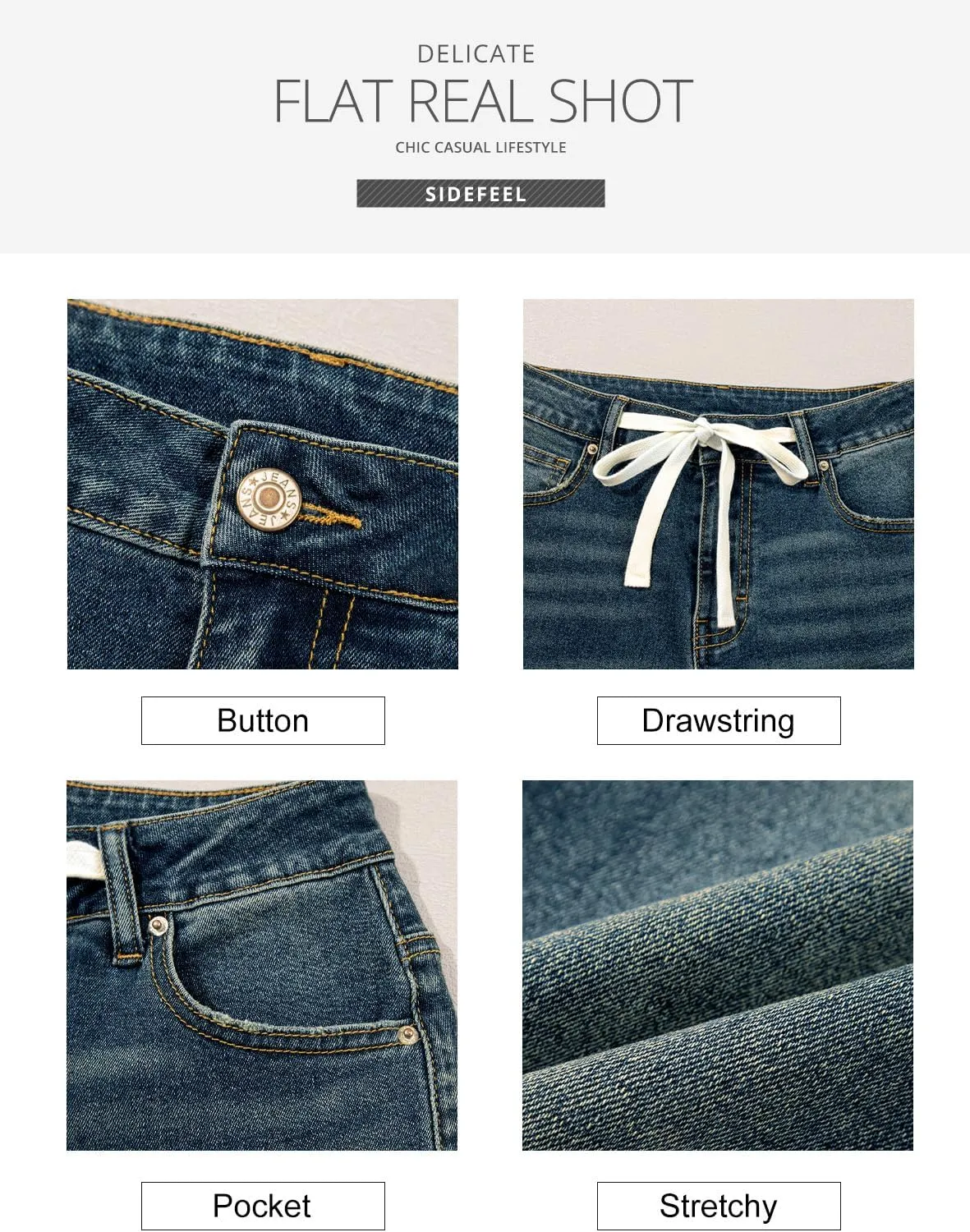 Sidefeel Women's Wide Leg Jeans High Waisted Stretchy Straight Leg Baggy Drawstring Zimbaplatinum Denim Pants