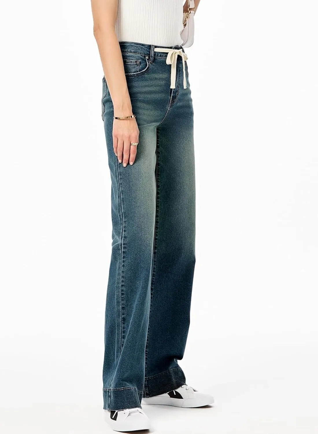 Sidefeel Women's Wide Leg Jeans High Waisted Stretchy Straight Leg Baggy Drawstring Zimbaplatinum Denim Pants