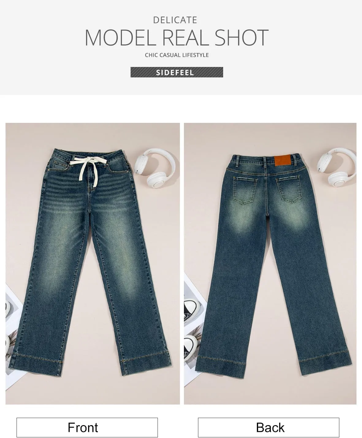 Sidefeel Women's Wide Leg Jeans High Waisted Stretchy Straight Leg Baggy Drawstring Zimbaplatinum Denim Pants