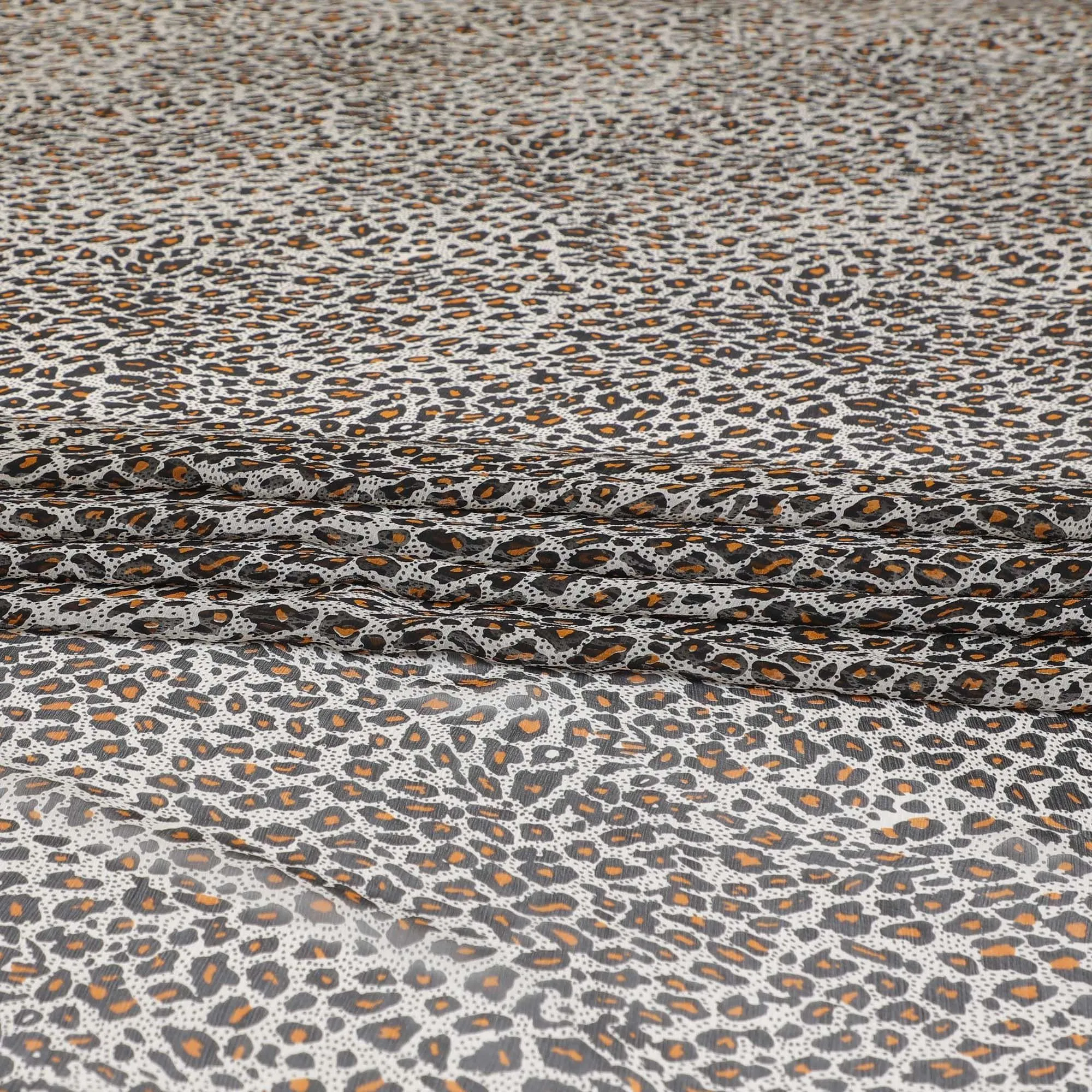 Silver pure silk chiffon fabric with black and orange print in animal skin design-D9309