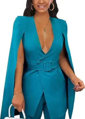 SOMTHRON Women's Cape Cloak Blazer Coat Double Breasted Split Sleeve Deep V Neck Belted Elegant Jacket