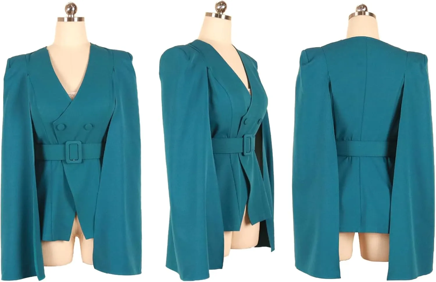 SOMTHRON Women's Cape Cloak Blazer Coat Double Breasted Split Sleeve Deep V Neck Belted Elegant Jacket