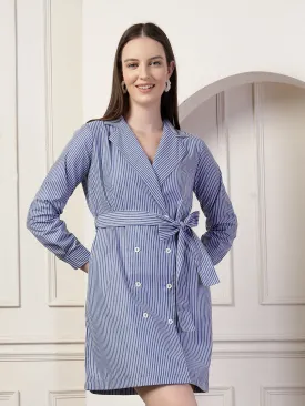 Style Quotient Women Blue And White Stripe Polycotton Double Breasted Polycotton Blazer Dress
