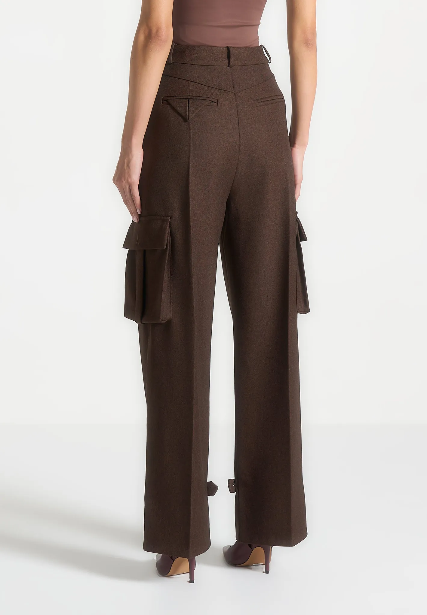 Tailored Pleated Cargo Trousers - Brown
