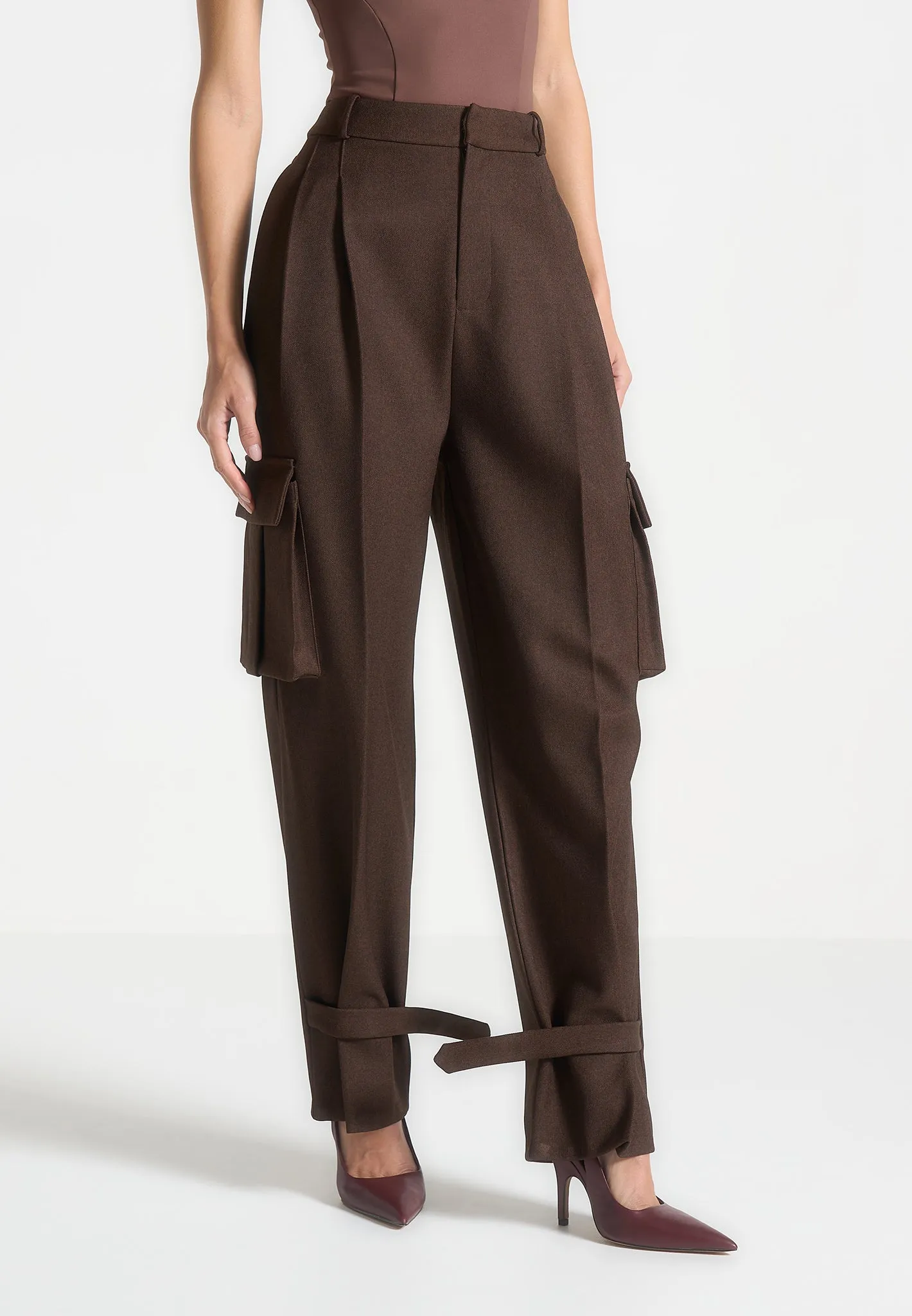 Tailored Pleated Cargo Trousers - Brown