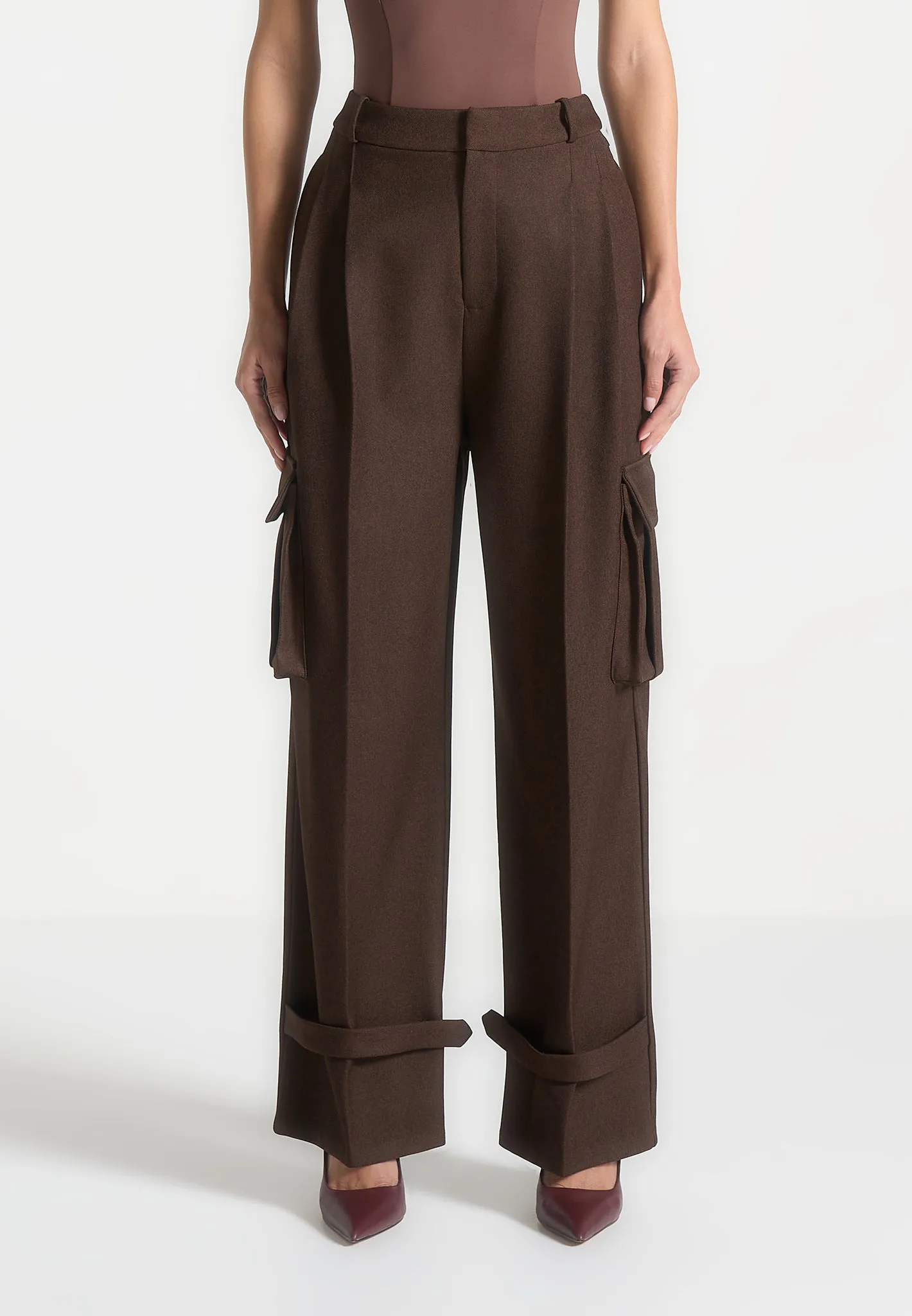 Tailored Pleated Cargo Trousers - Brown