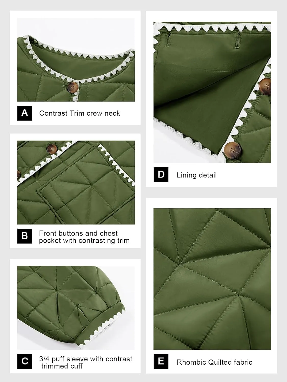 Tankaneo Womens Cropped Quilted Jacket Winter Lightweight Puff 3/4 Sleeve Button Down Contrast Trim Coat
