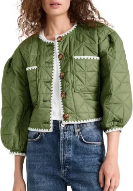 Tankaneo Womens Cropped Quilted Jacket Winter Lightweight Puff 3/4 Sleeve Button Down Contrast Trim Coat