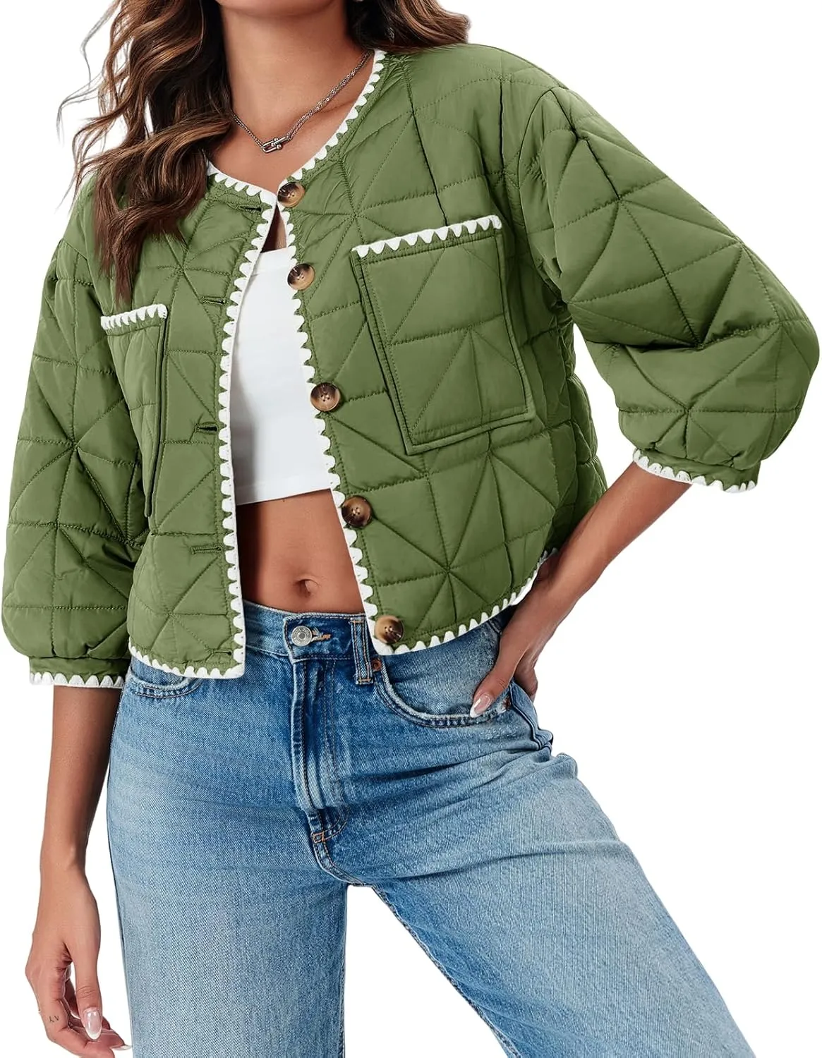 Tankaneo Womens Cropped Quilted Jacket Winter Lightweight Puff 3/4 Sleeve Button Down Contrast Trim Coat