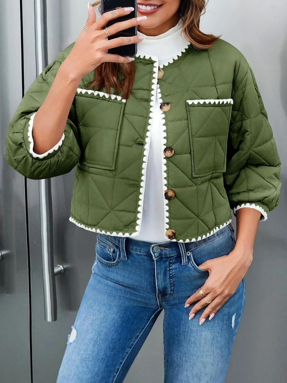 Tankaneo Womens Cropped Quilted Jacket Winter Lightweight Puff 3/4 Sleeve Button Down Contrast Trim Coat