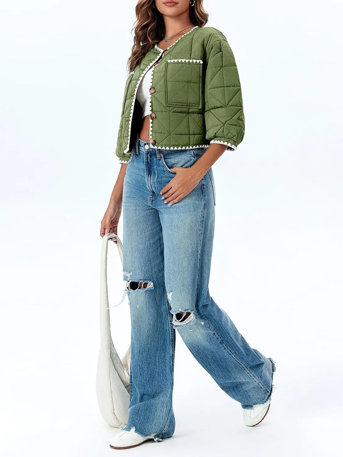 Tankaneo Womens Cropped Quilted Jacket Winter Lightweight Puff 3/4 Sleeve Button Down Contrast Trim Coat