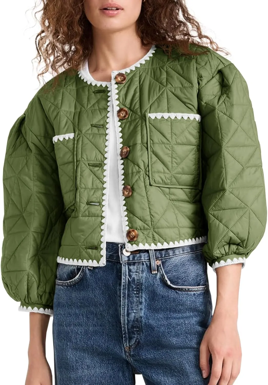 Tankaneo Womens Cropped Quilted Jacket Winter Lightweight Puff 3/4 Sleeve Button Down Contrast Trim Coat