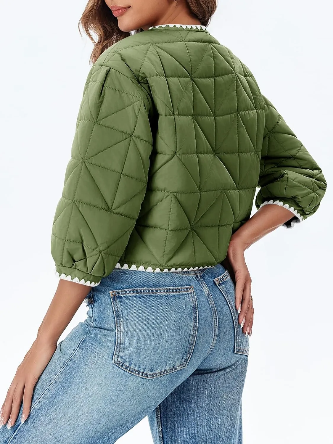 Tankaneo Womens Cropped Quilted Jacket Winter Lightweight Puff 3/4 Sleeve Button Down Contrast Trim Coat
